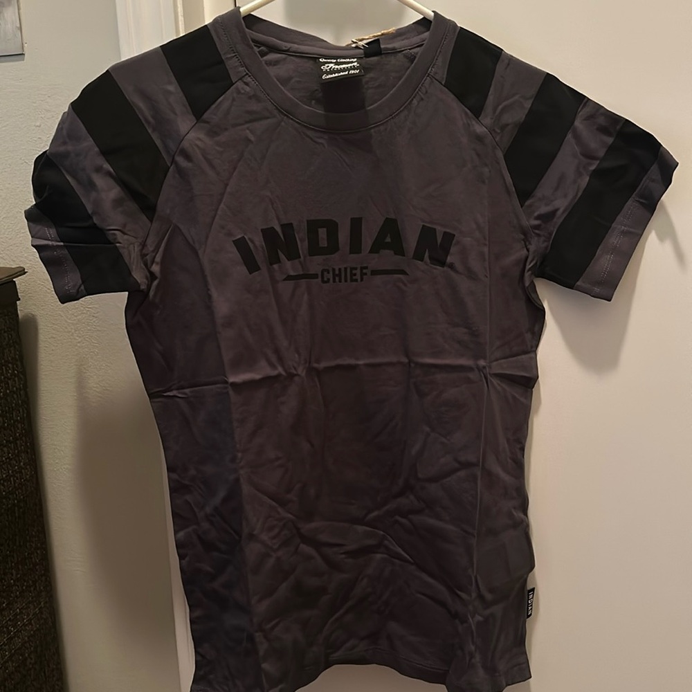 Women’s Indian Motorcycle , dark gray striped tea size small brand new